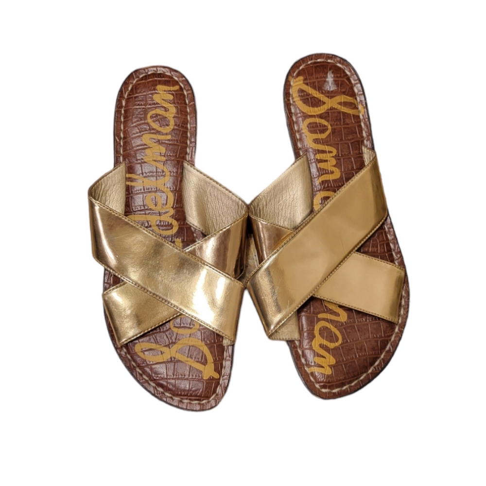 *Near New* Sam Edelman Gretch Gold Metallic Leather Slides Sandals 8.5